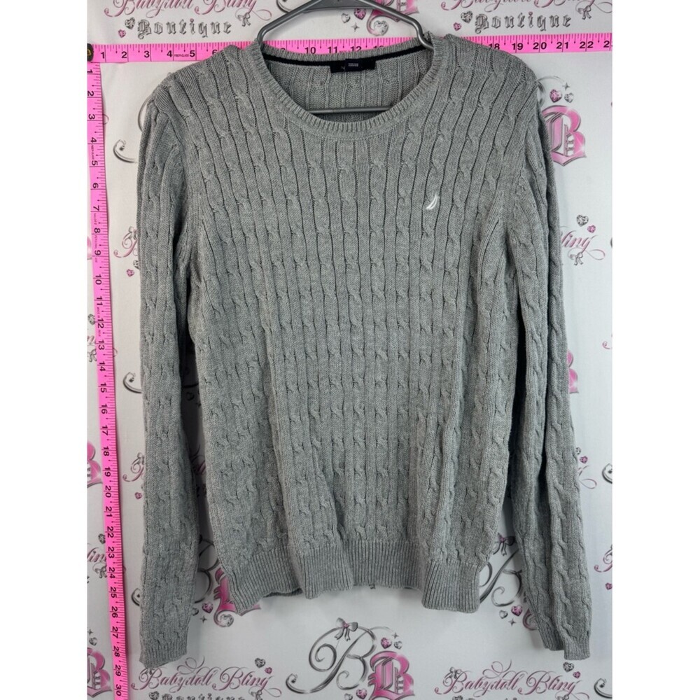Nautica sweater stretchy knit knitted Light Gray Cable Knit Crewneck Sweater